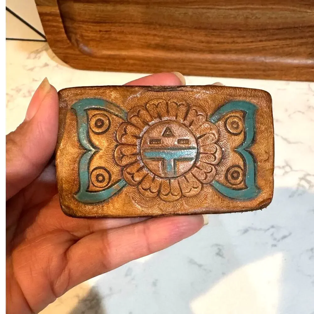 vintage Zuni-style, hand-tooled leather belt buckle Southwestern Sun Face design